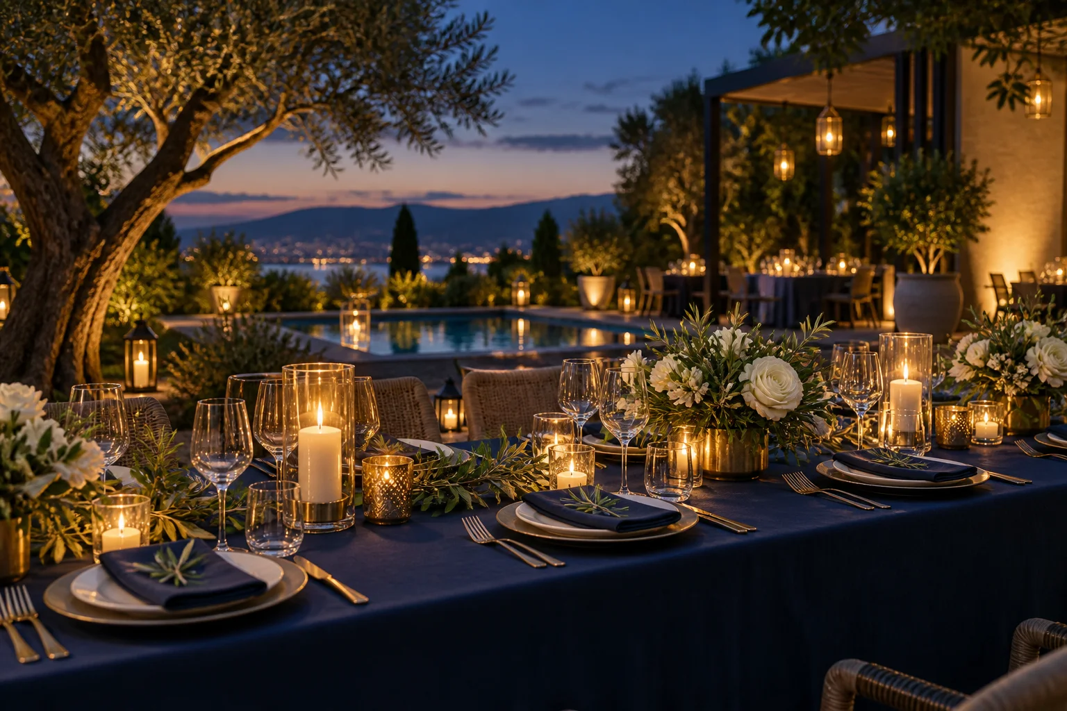 Mesa de celebración con luz cálida, follaje y detalles azul noche